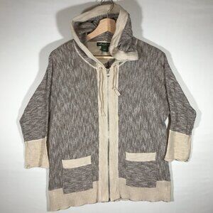Eddie Bauer Women's Large Taupe Full Zip 3/4 Raglan Sleeve Hooded Cardigan